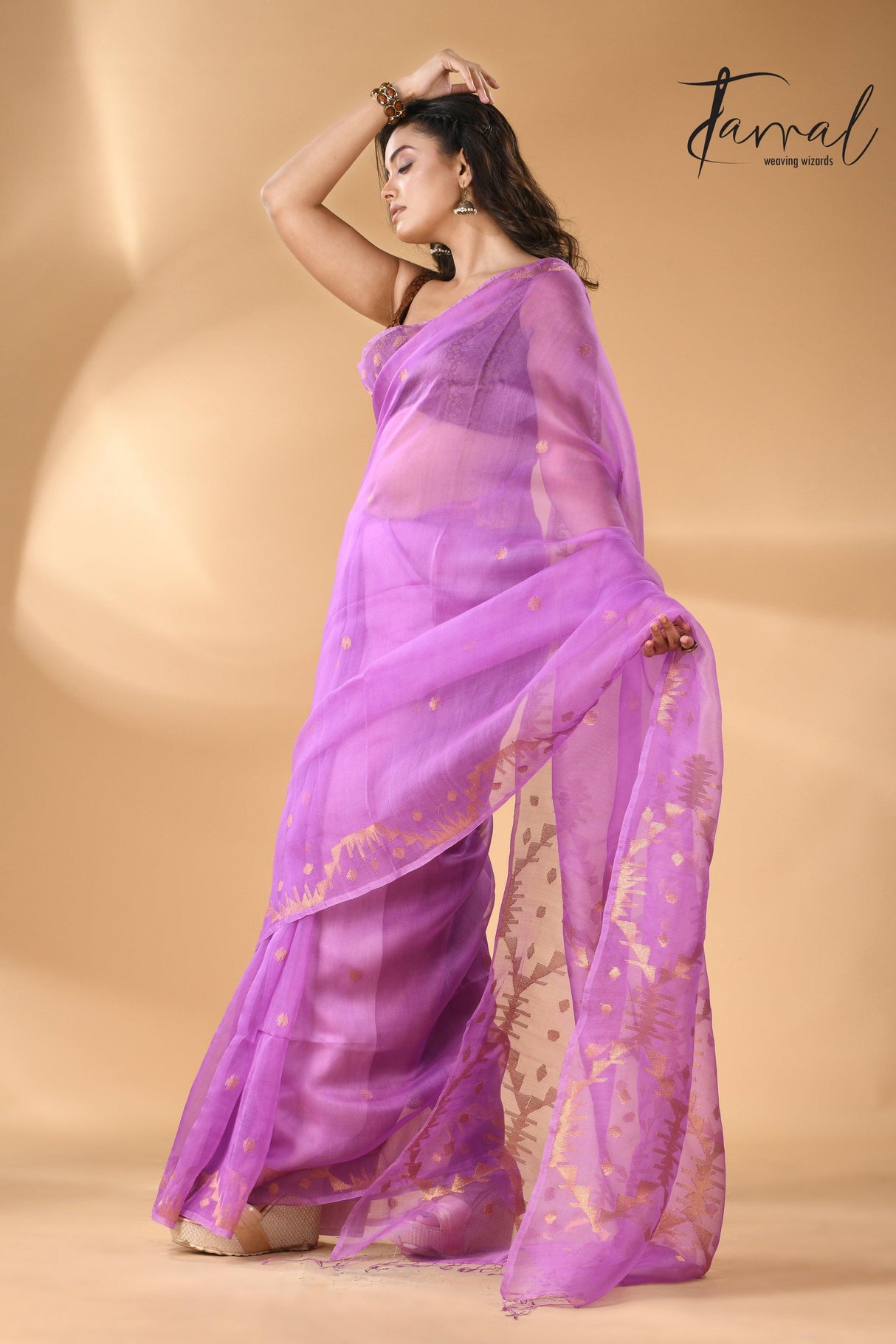Fuchsia Pink Handwoven Needlework Jamdani Saree Golden Zari left
