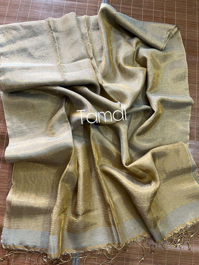 Gold with silver colour dual tone metallic linen handloom saree - Tamal Boutique