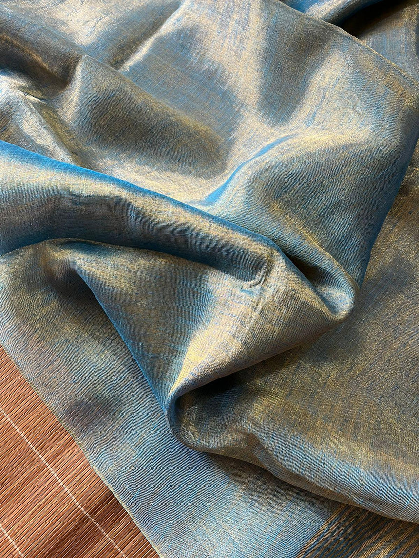 Gold with sky blue dual tone metallic linen handloom saree - Tamal Boutique