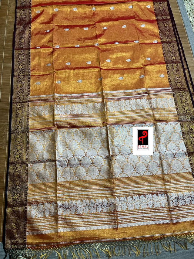 Gold zari with orange colour shads of handloom tissue banarasi saree - Tamal Boutique