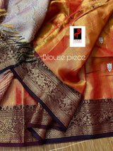 Gold zari with orange colour shads of handloom tissue banarasi saree - Tamal Boutique