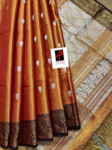 Gold zari with orange colour shads of handloom tissue banarasi saree - Tamal Boutique