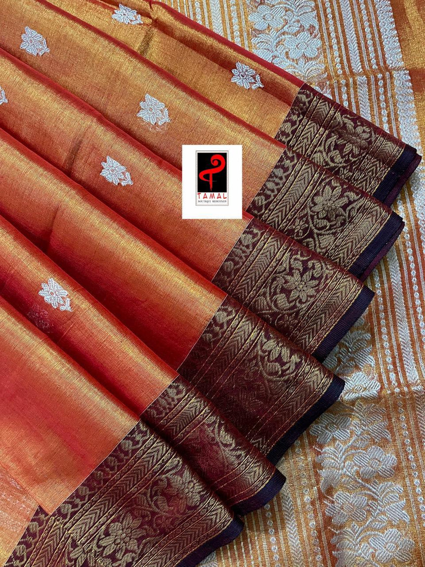 Gold zari with orange colour shads of handloom tissue banarasi saree - Tamal Boutique