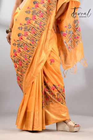 Golden Yellow Bhagolpuri Tussar Silk Saree with Embroidery bottom