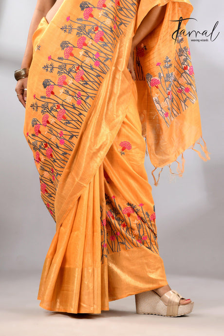 Golden Yellow Bhagolpuri Tussar Silk Saree with Embroidery bottom