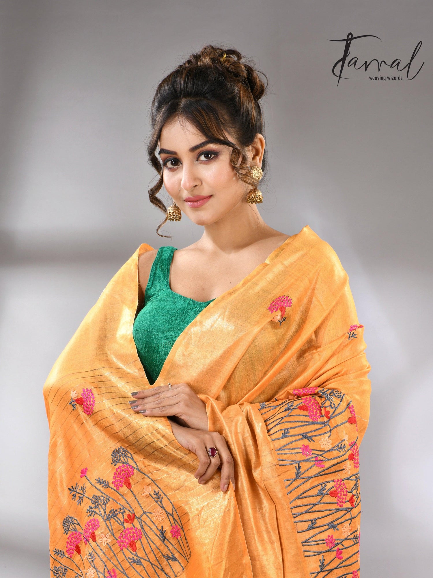 Golden Yellow Bhagolpuri Tussar Silk Saree with Embroidery cls