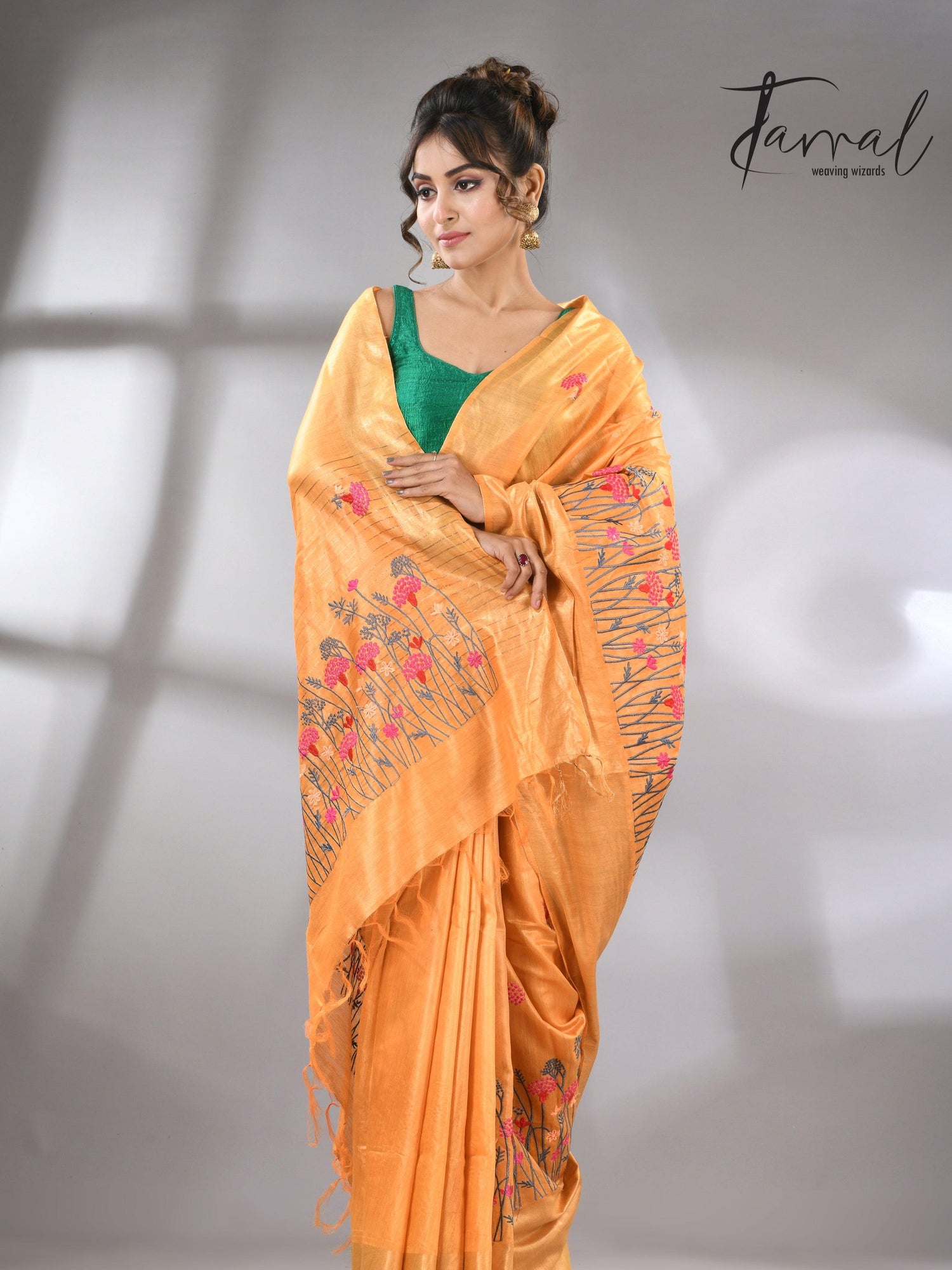 Golden Yellow Bhagolpuri Tussar Silk Saree with Embroidery full3