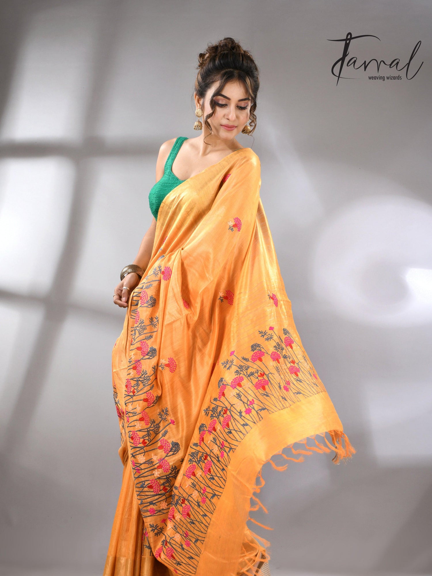Golden Yellow Bhagolpuri Tussar Silk Saree with Embroidery full4