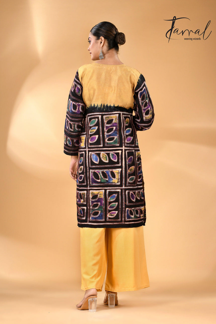 Golden Yellow Pure Silk Kurti Handwoven Batik with Kantha Stitch back