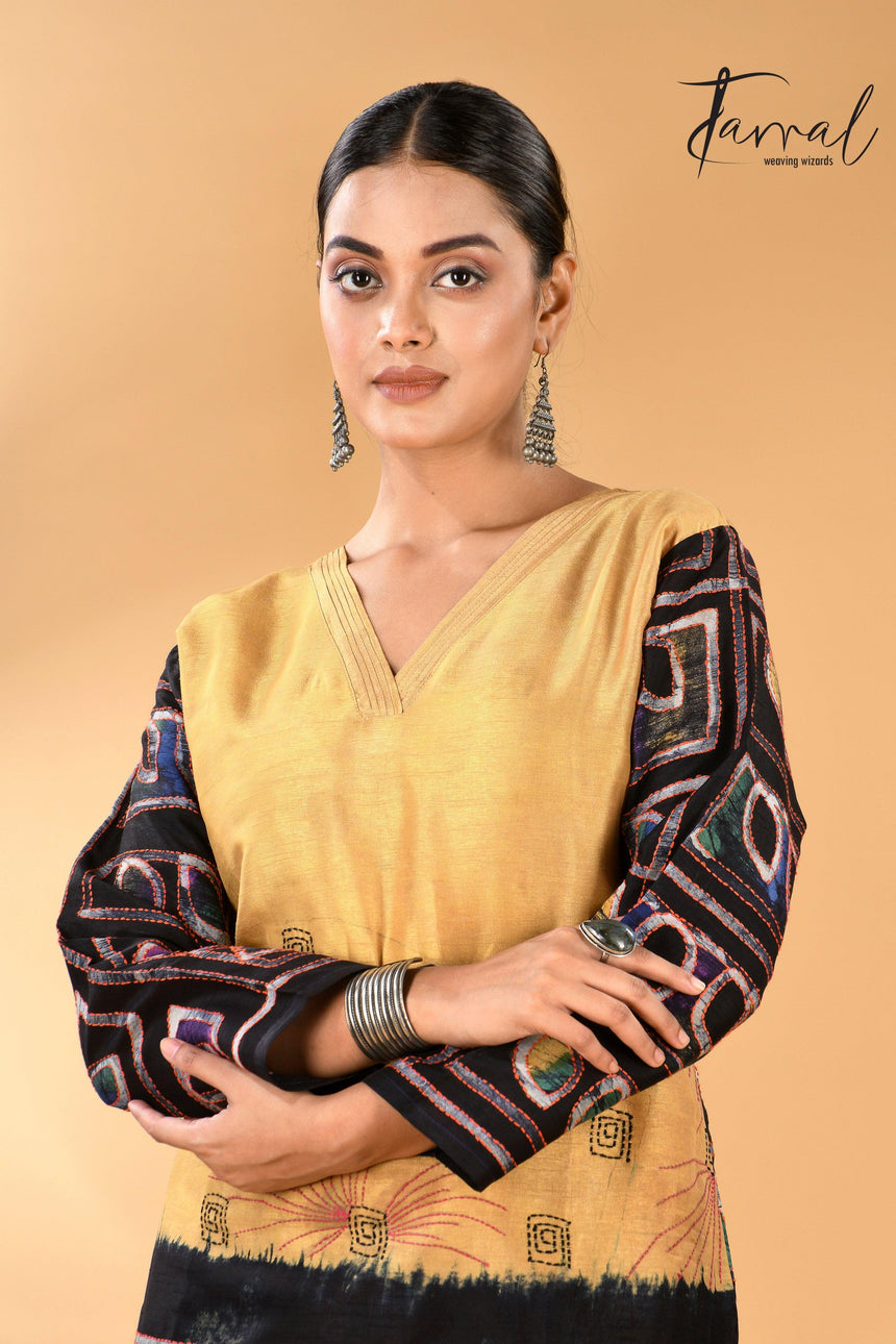 Golden Yellow Pure Silk Kurti Handwoven Batik with Kantha Stitch cls