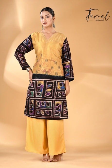 Golden Yellow Pure Silk Kurti Handwoven Batik with Kantha Stitch full