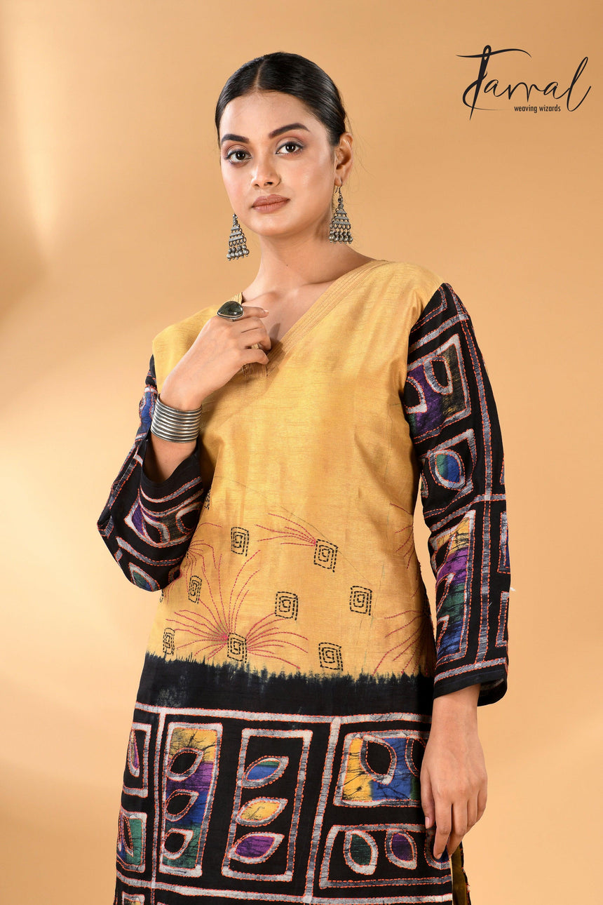 Golden Yellow Pure Silk Kurti Handwoven Batik with Kantha Stitch full2