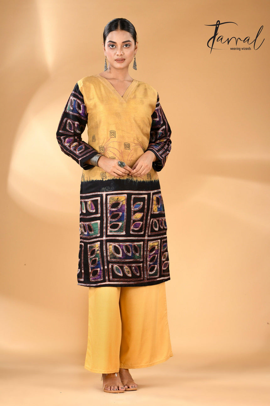 Golden Yellow Pure Silk Kurti Handwoven Batik with Kantha Stitch full3