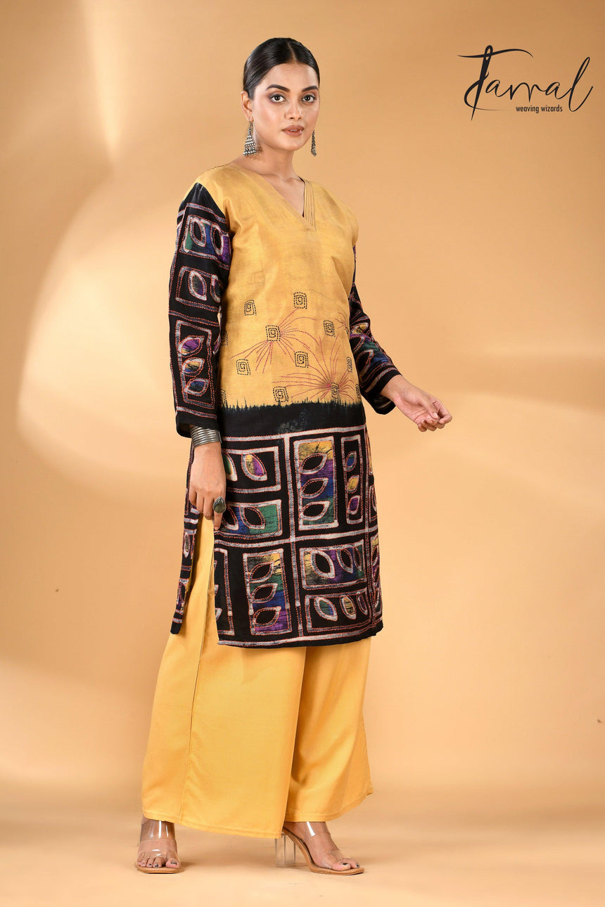 Golden Yellow Pure Silk Kurti Handwoven Batik with Kantha Stitch full4