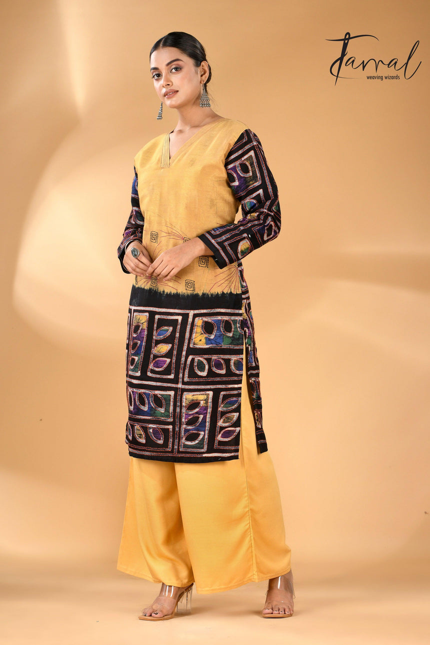 Golden Yellow Pure Silk Kurti Handwoven Batik with Kantha Stitch right
