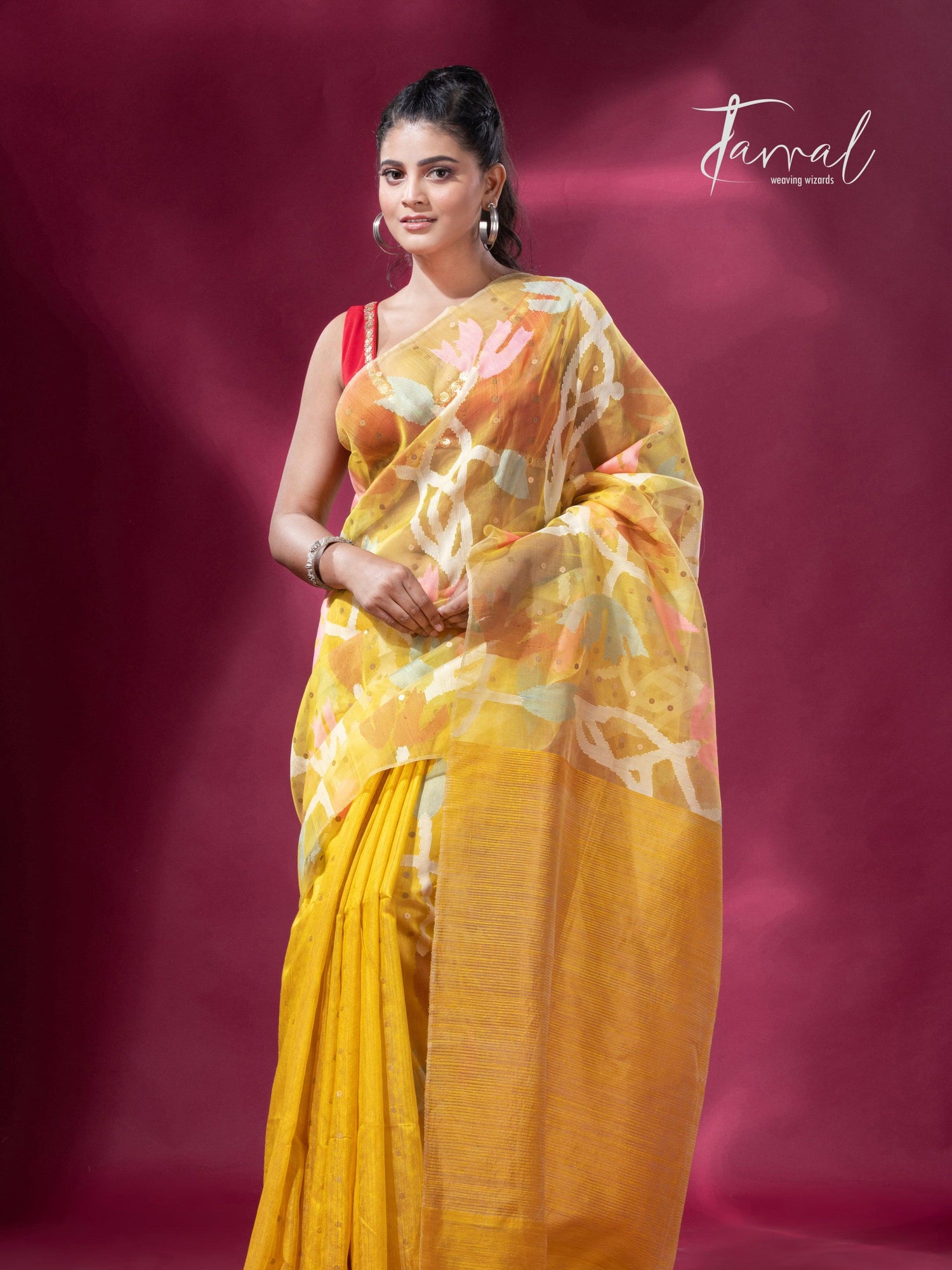 Golden Yellow half muslin & matka silk handwoven jamdani sequins saree