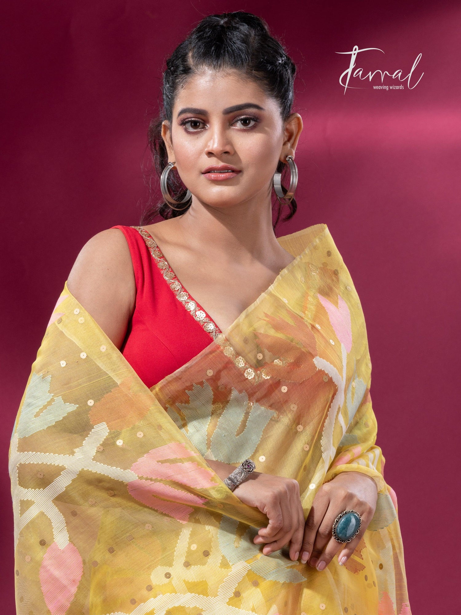 Golden Yellow half muslin & matka silk handwoven jamdani sequins saree2