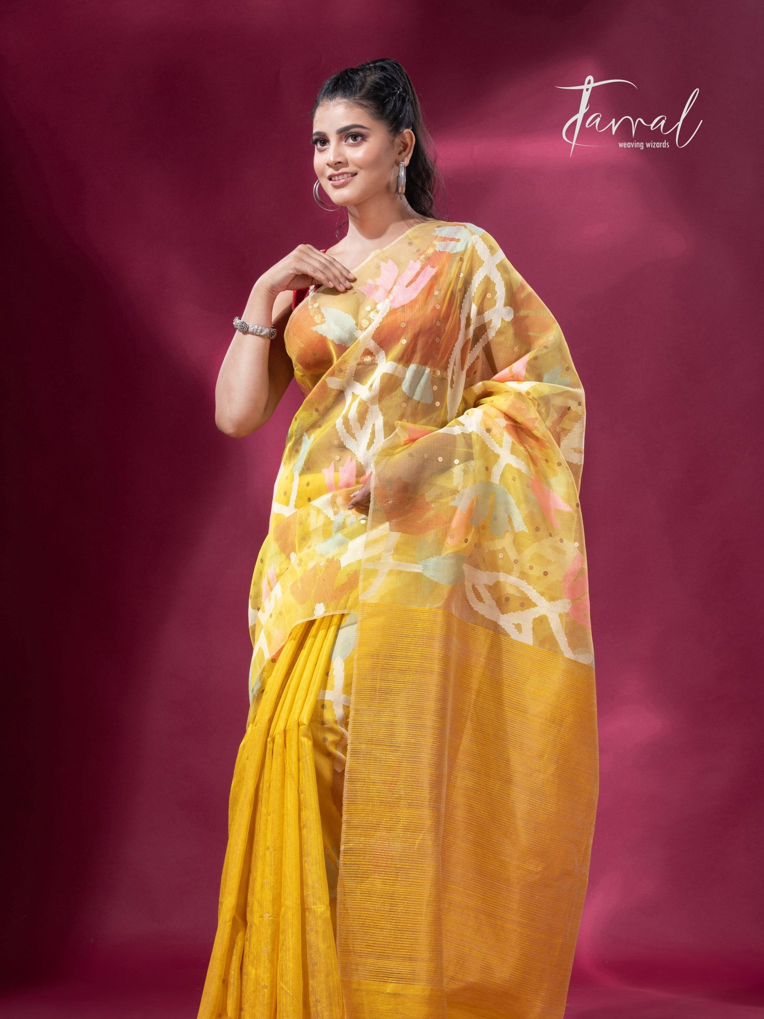 Golden Yellow half muslin & matka silk handwoven jamdani sequins saree3