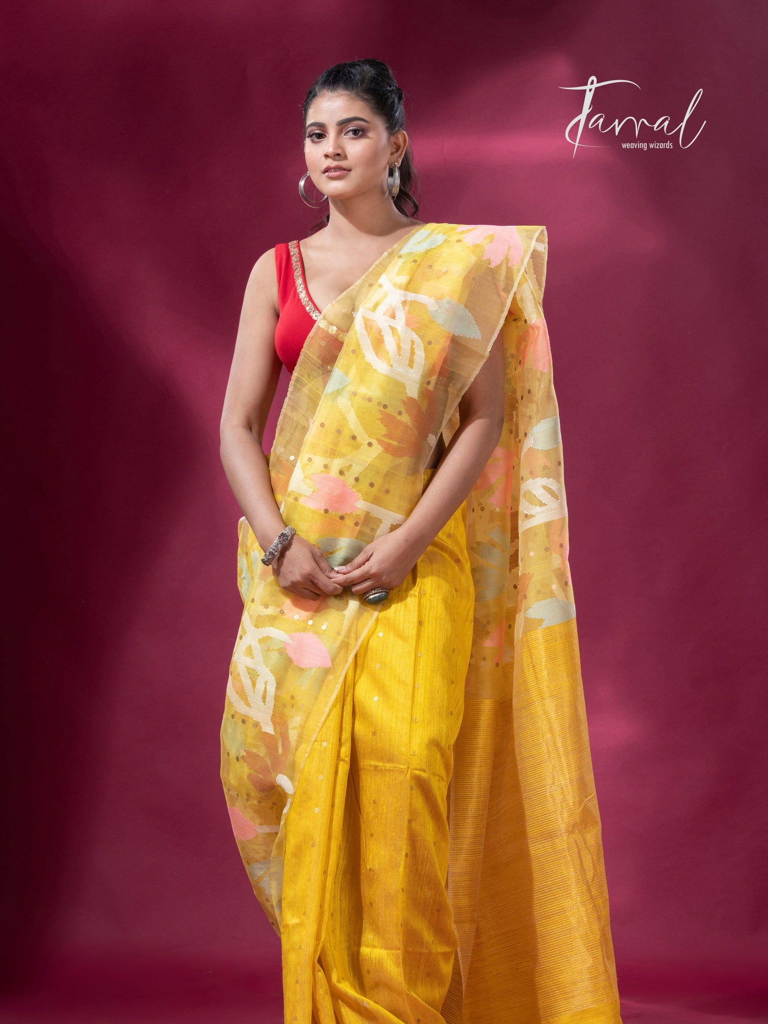 Golden Yellow half muslin & matka silk handwoven jamdani sequins saree4