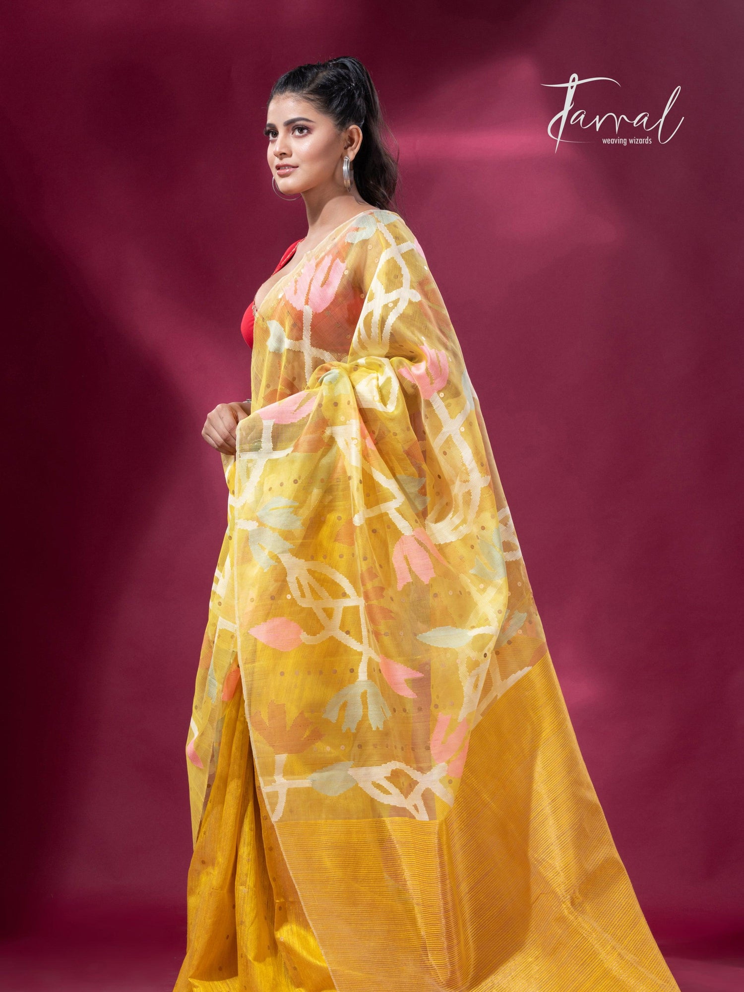 Golden Yellow half muslin & matka silk handwoven jamdani sequins saree5