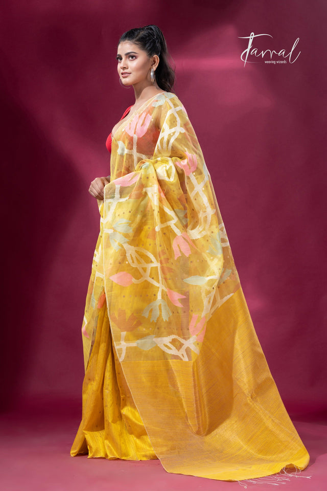 Golden Yellow half muslin & matka silk handwoven jamdani sequins saree5