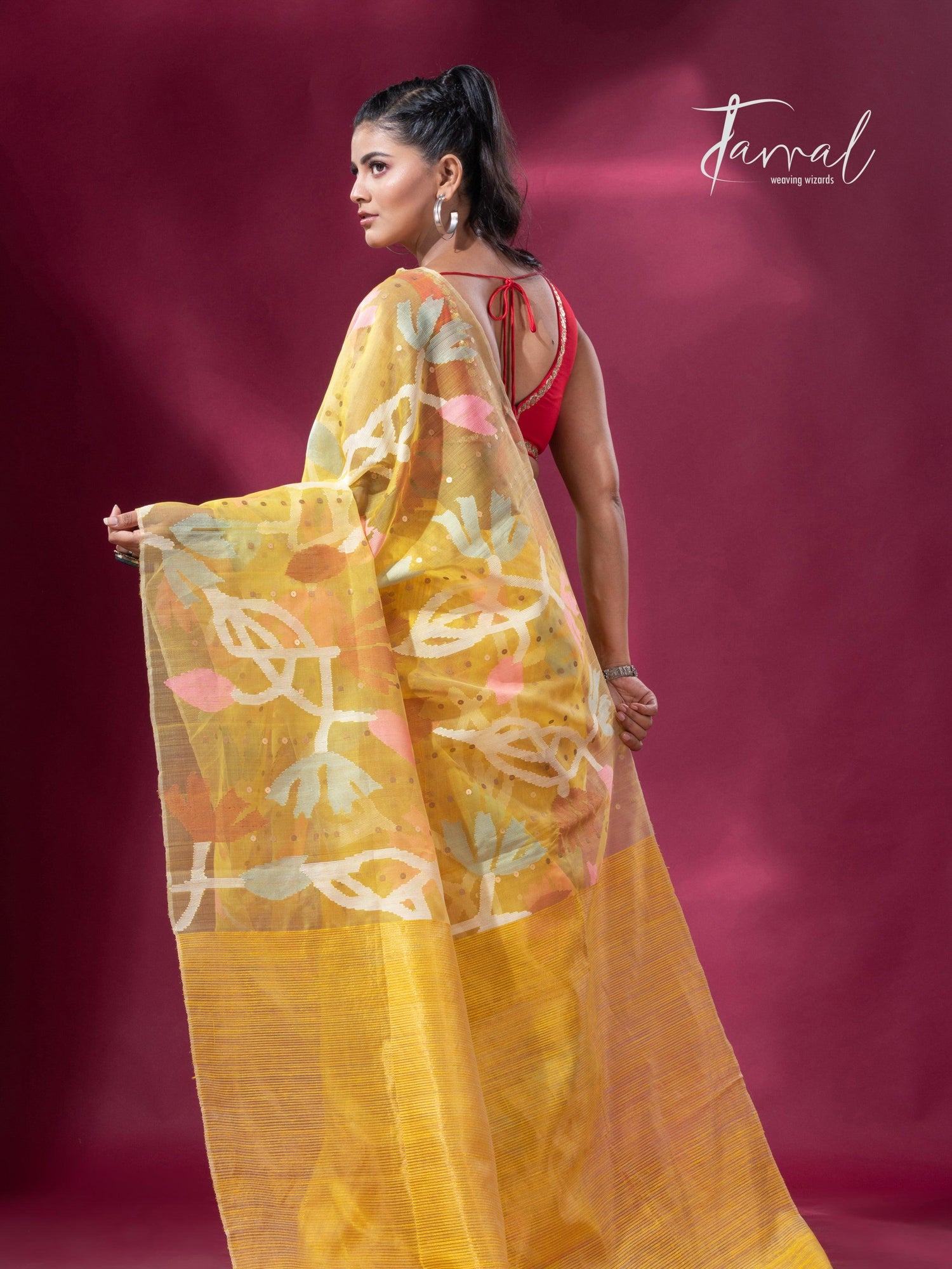 Golden Yellow half muslin & matka silk handwoven jamdani sequins saree back