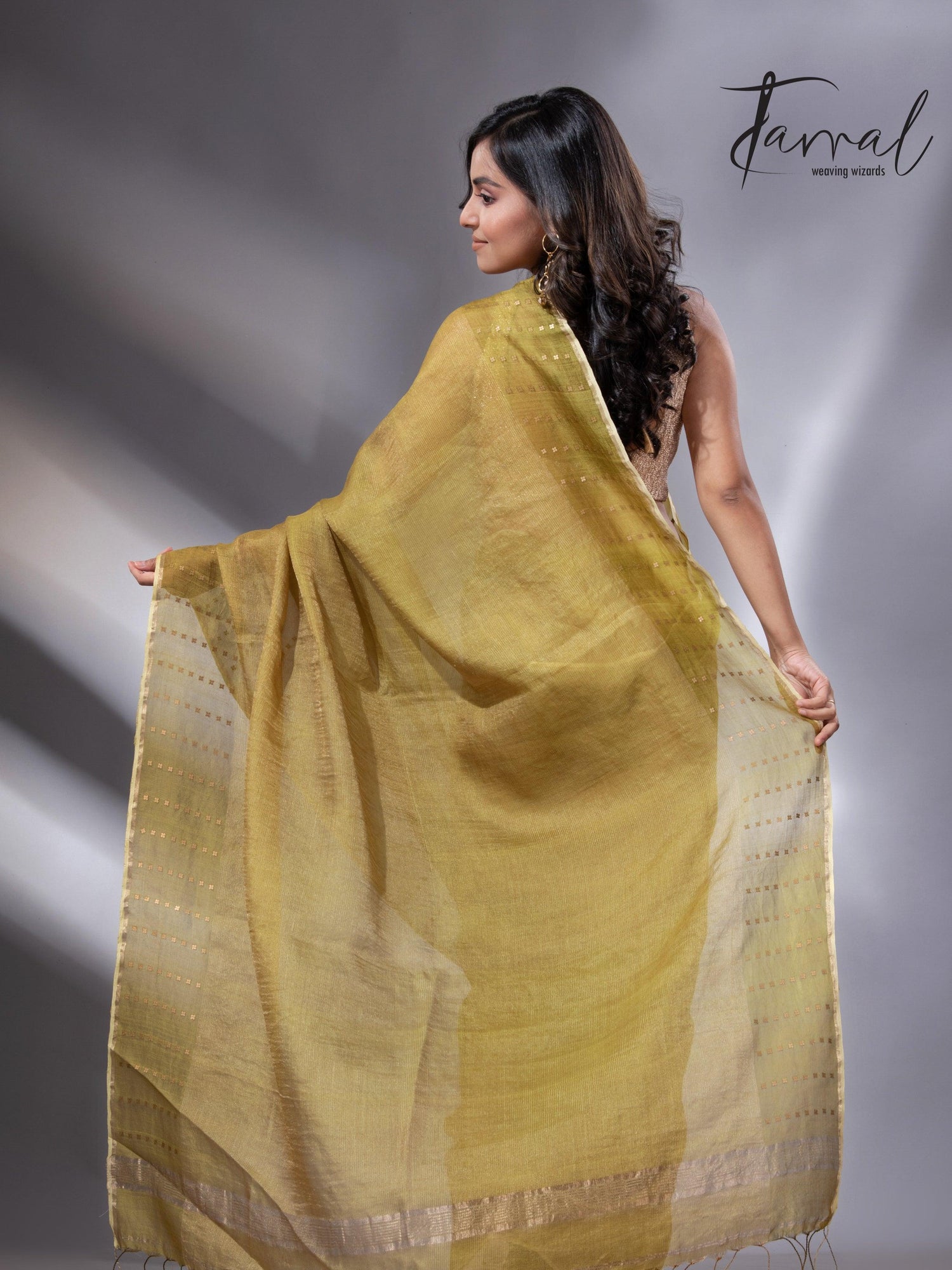 Golden Yellow sequins border noil tusser zari silk handloom saree - Tamal Boutique