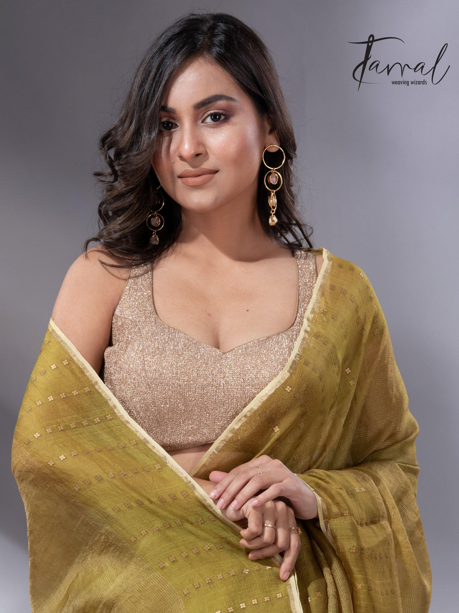 Golden Yellow sequins border noil tusser zari silk handloom saree - Tamal Boutique