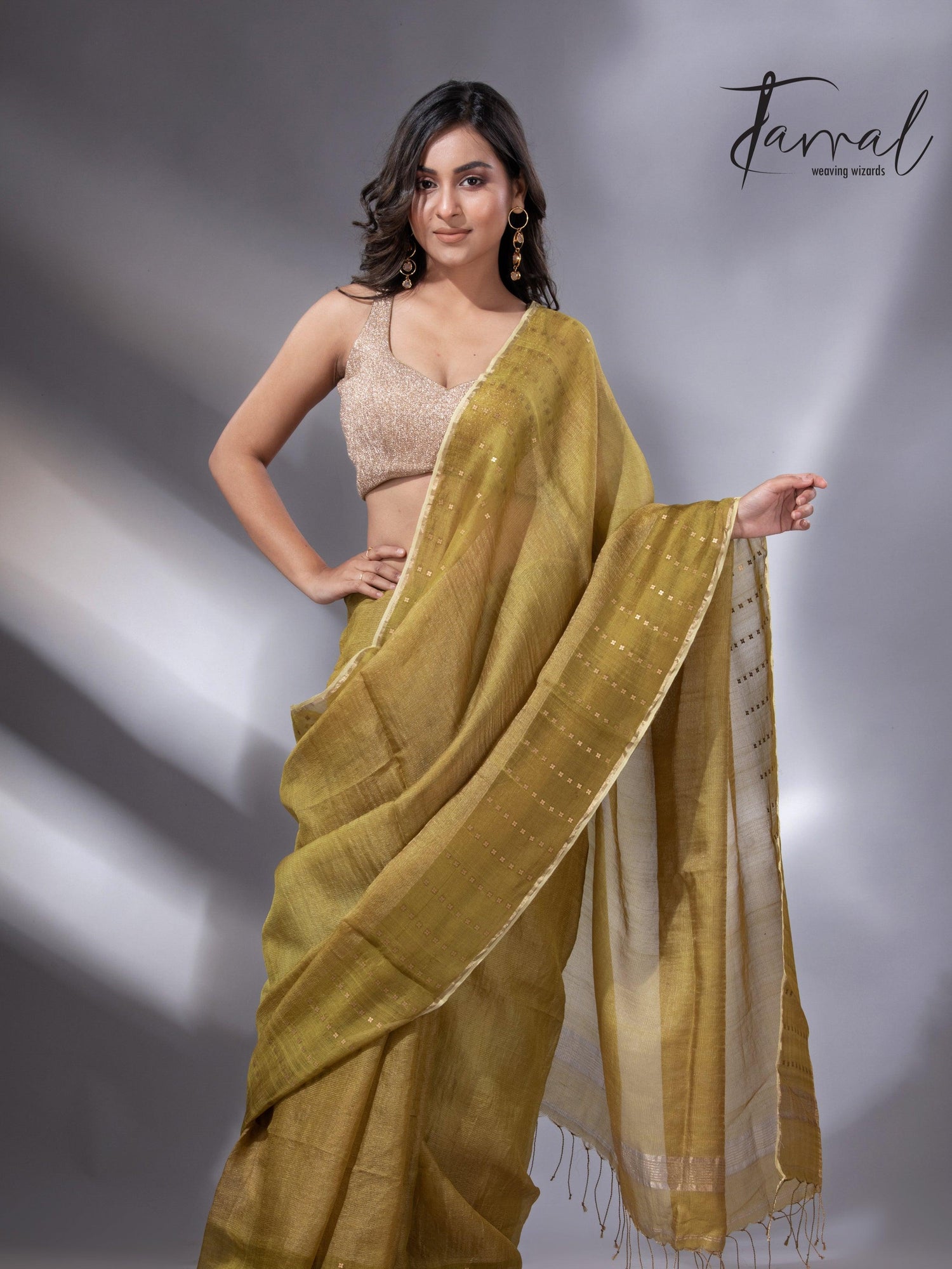 Golden Yellow sequins border noil tusser zari silk handloom saree - Tamal Boutique
