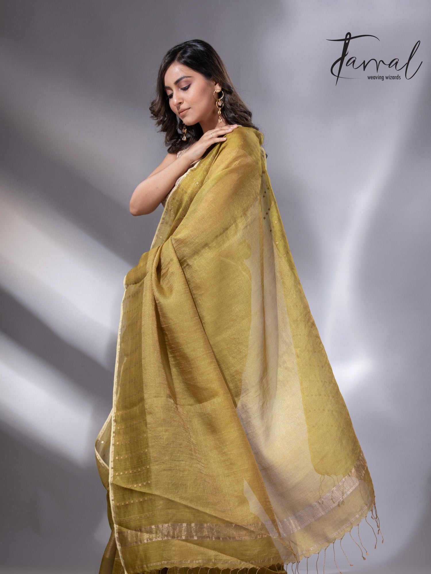 Golden Yellow sequins border noil tusser zari silk handloom saree - Tamal Boutique