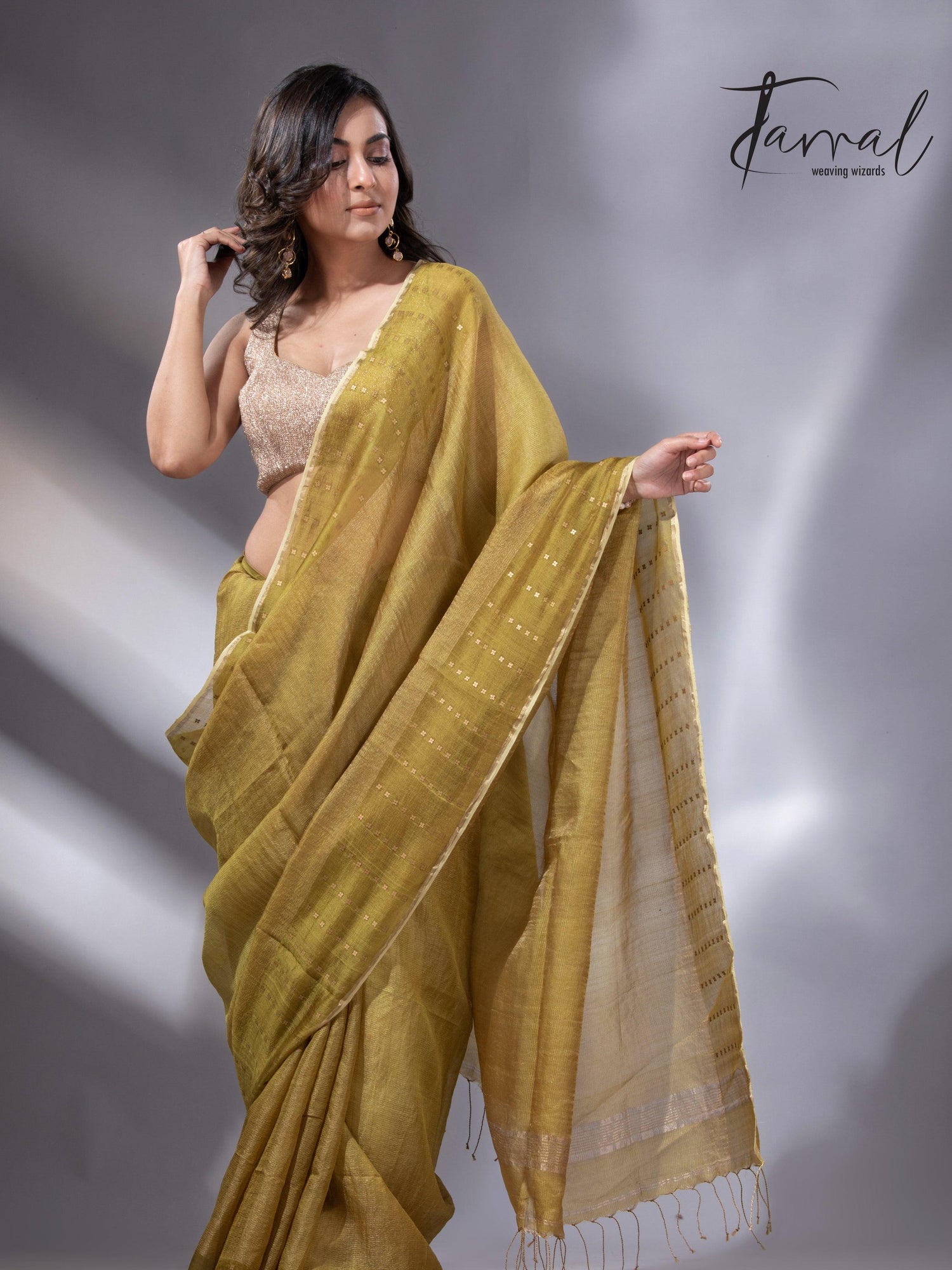 Golden Yellow sequins border noil tusser zari silk handloom saree - Tamal Boutique