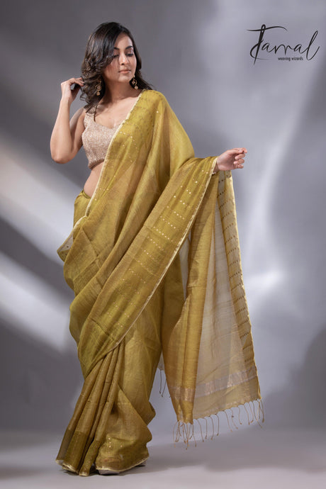 Golden Yellow sequins border noil tusser zari silk handloom saree - Tamal Boutique