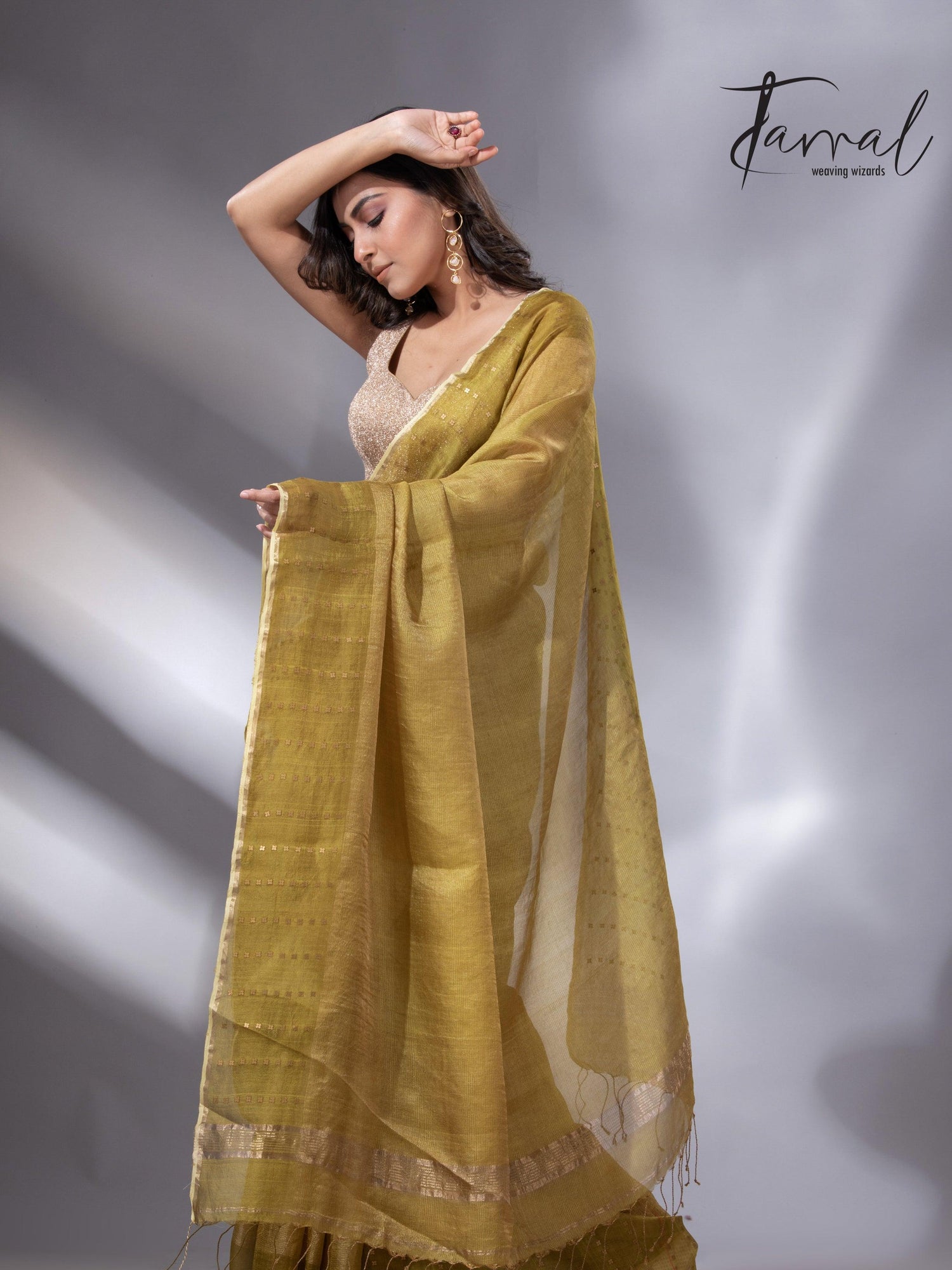 Golden Yellow sequins border noil tusser zari silk handloom saree - Tamal Boutique