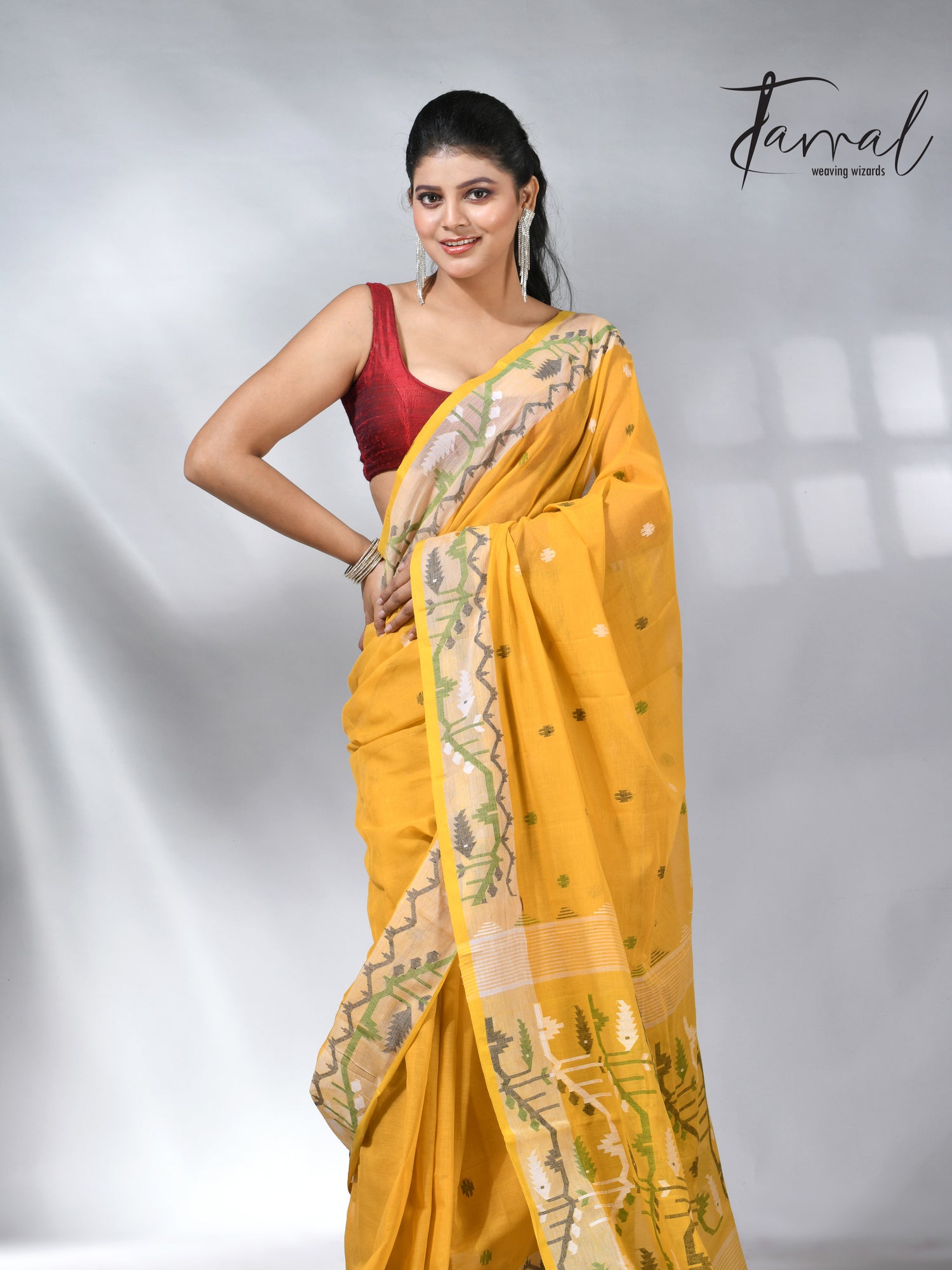 Golden Yellow with border design cotton handwoven jamdani saree