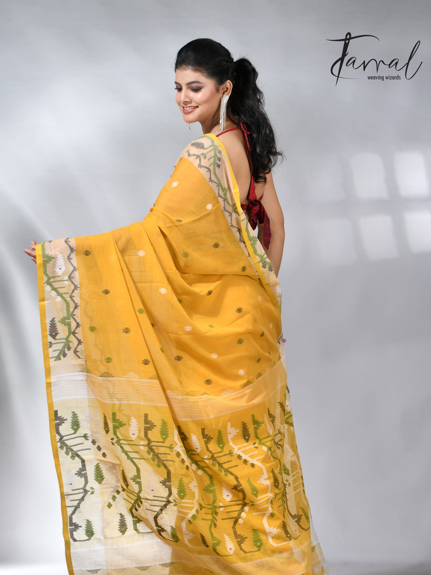 Golden Yellow with border design cotton handwoven jamdani saree
