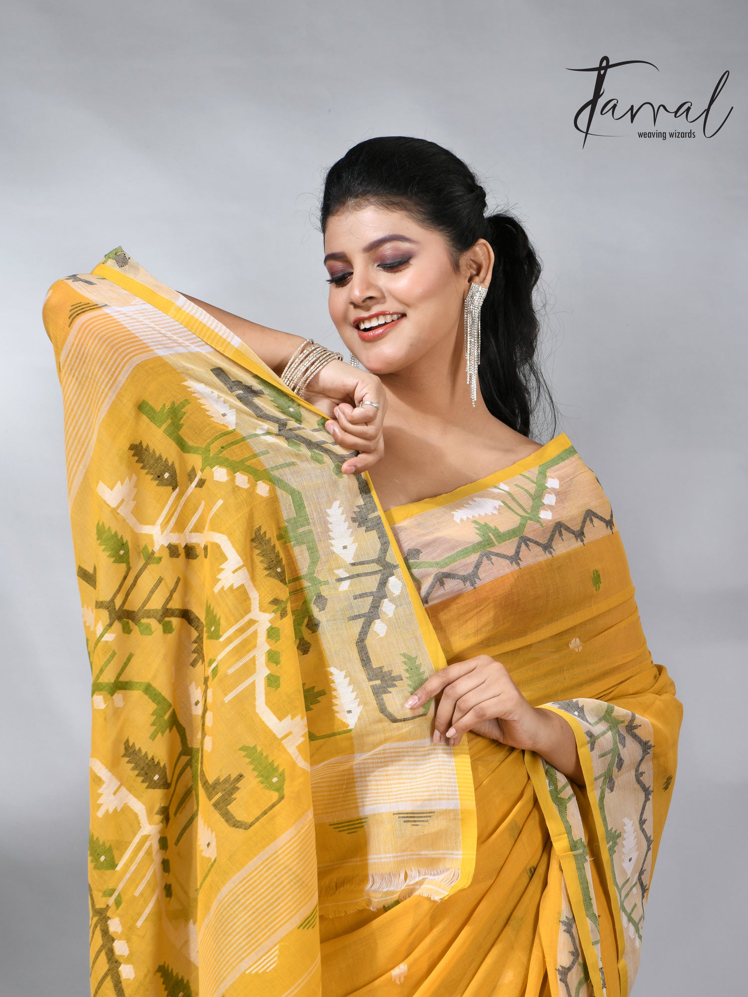 Golden Yellow with border design cotton handwoven jamdani saree