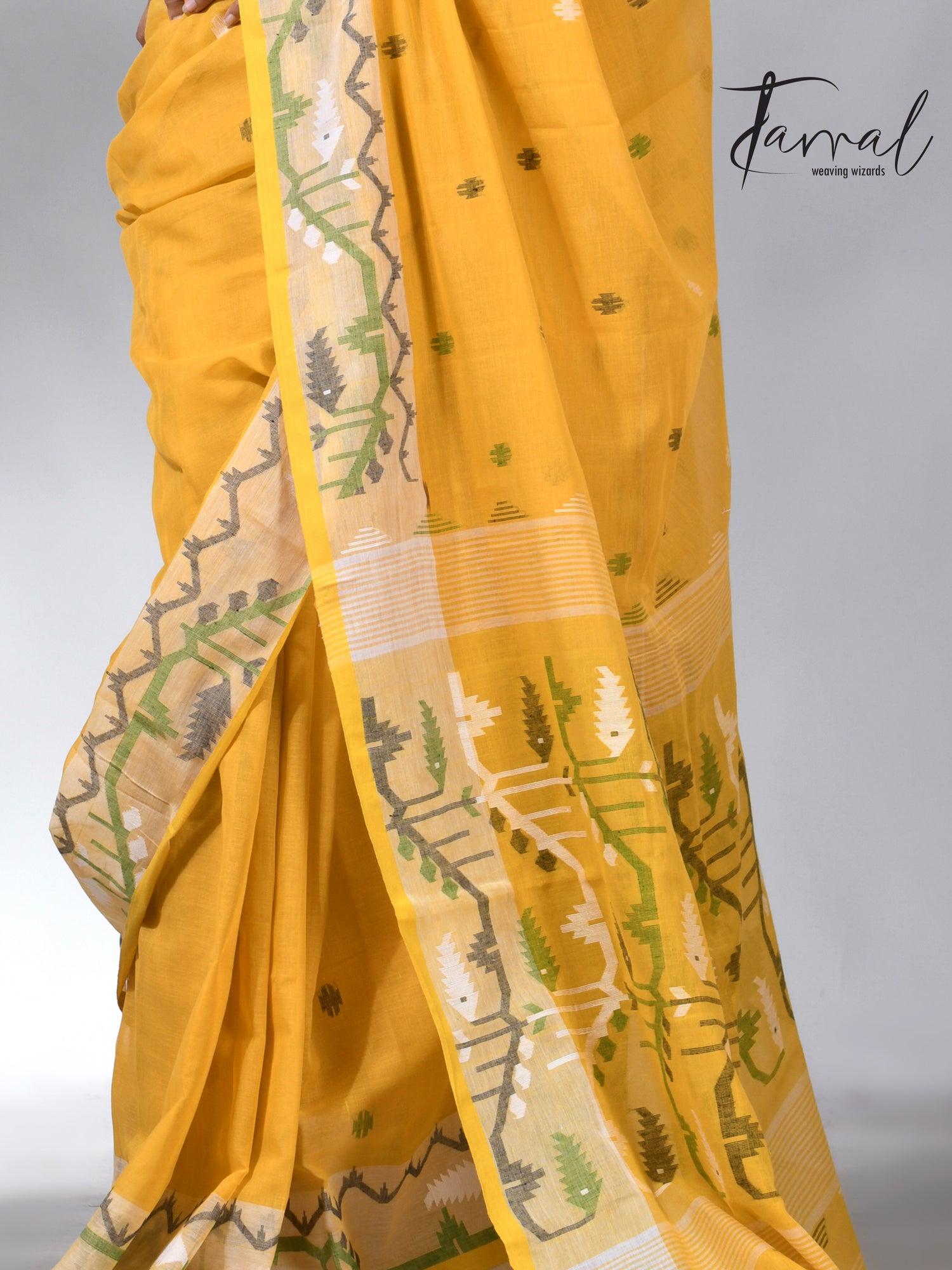 Golden Yellow with border design cotton handwoven jamdani saree