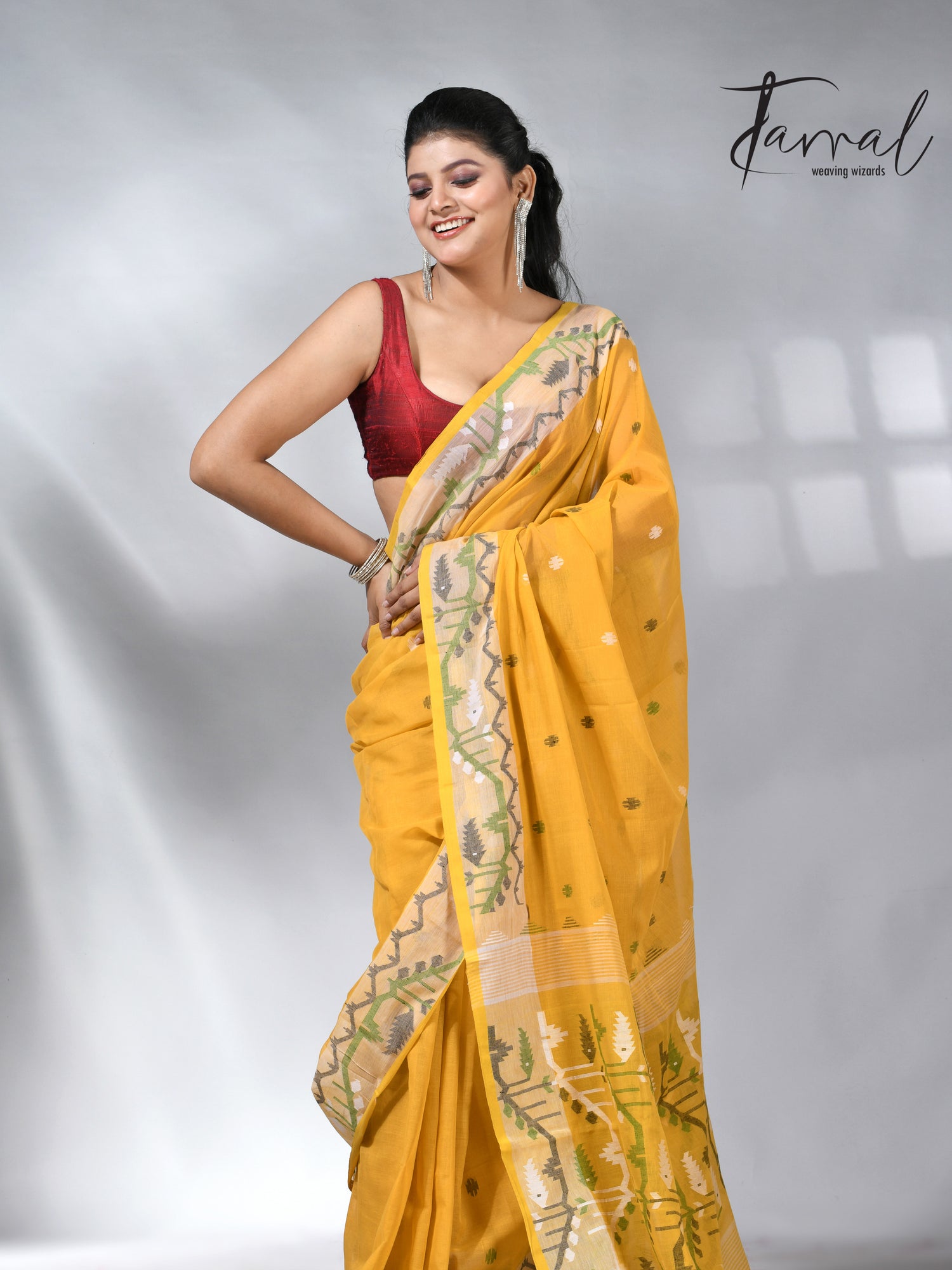 Golden Yellow with border design cotton handwoven jamdani saree