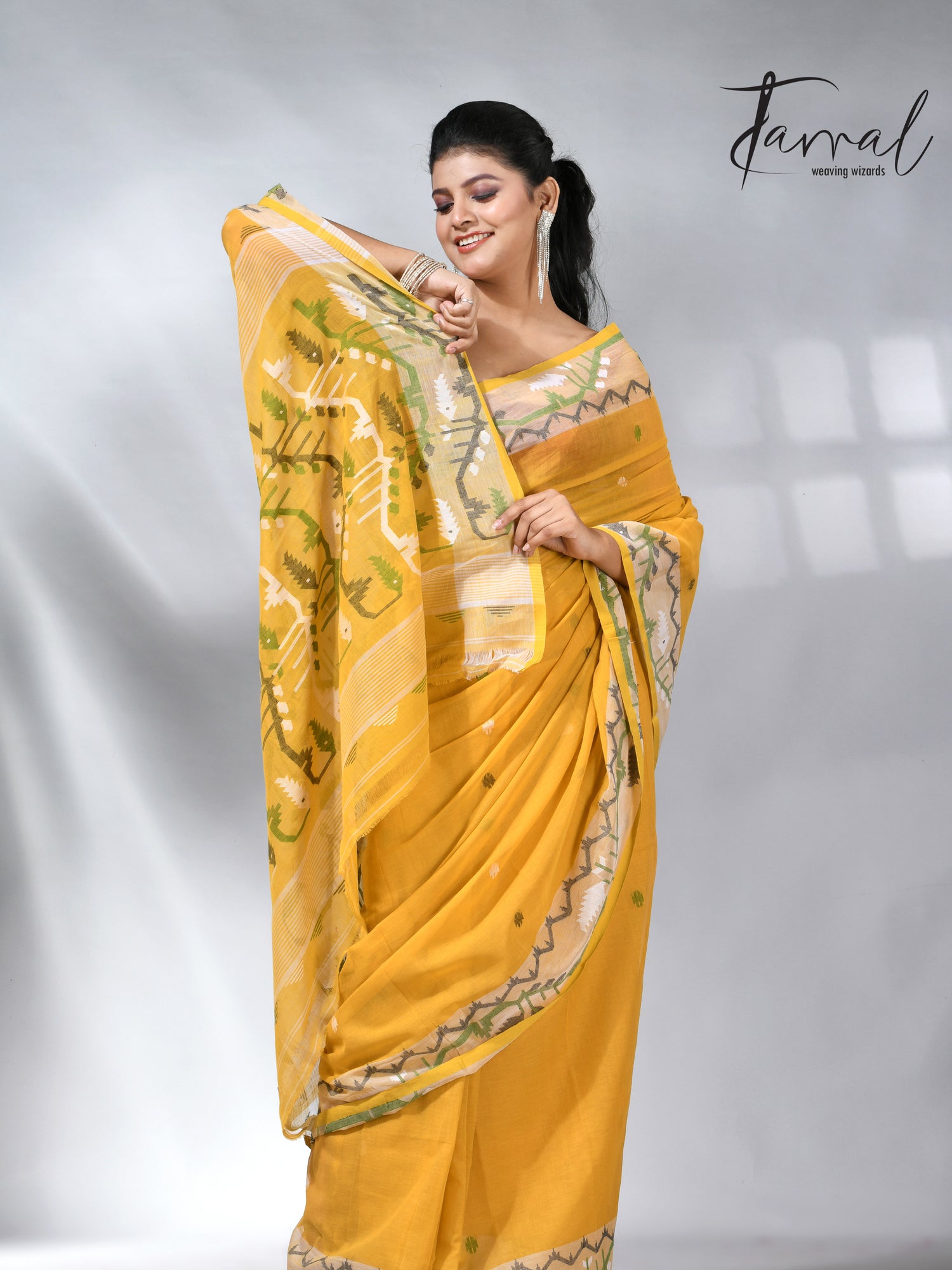 Golden Yellow with border design cotton handwoven jamdani saree