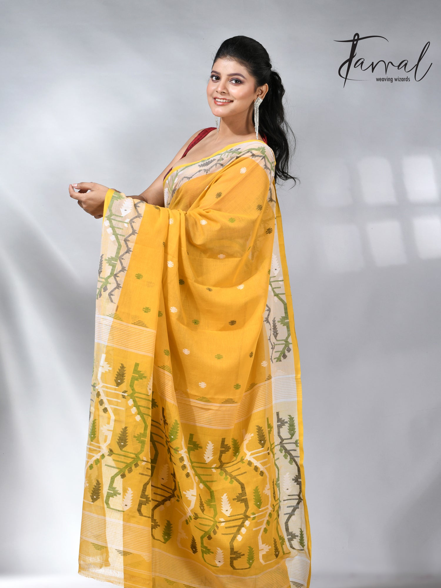 Golden Yellow with border design cotton handwoven jamdani saree