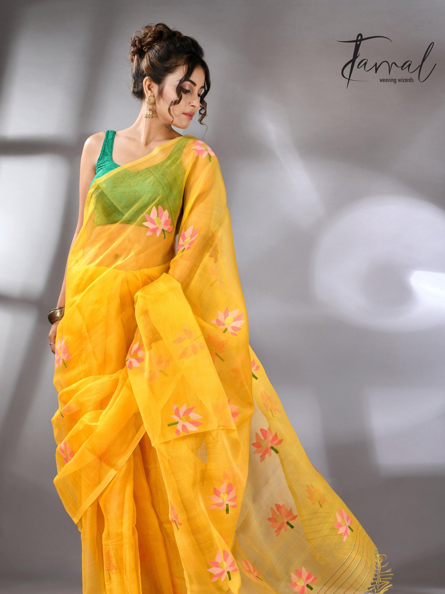 Golden Yellow with multi colour lotus motifs handwoven jamadani silk saree - Tamal Boutique