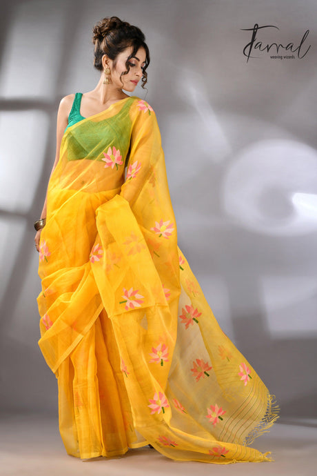 Golden Yellow with multi colour lotus motifs handwoven jamadani silk saree - Tamal Boutique