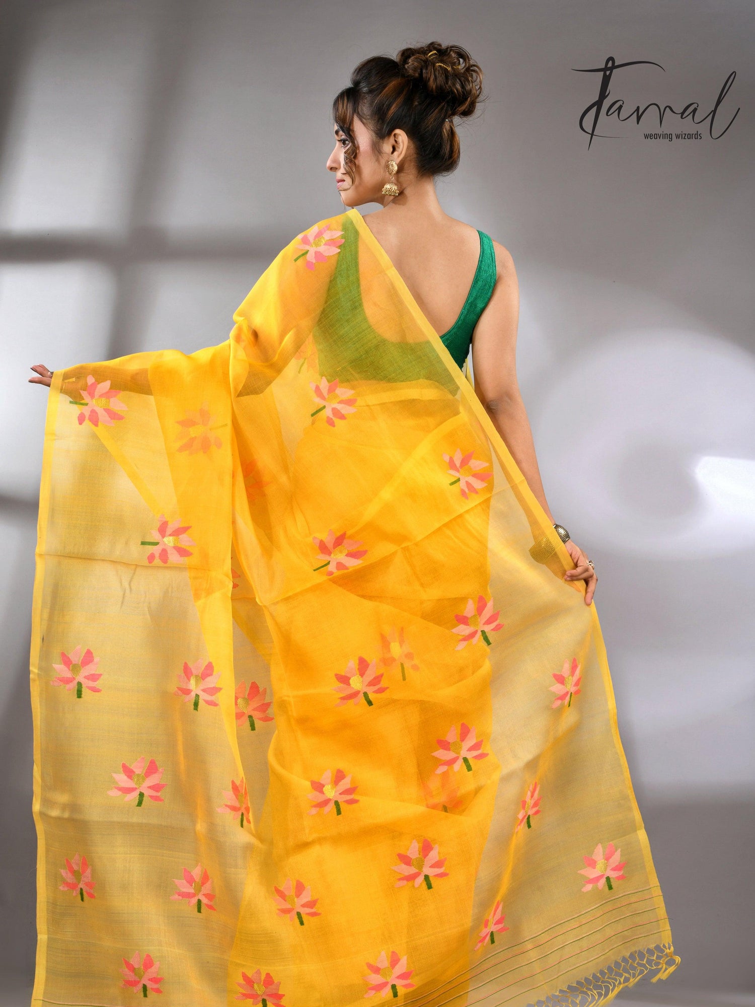 Golden Yellow with multi colour lotus motifs handwoven jamadani silk saree - Tamal Boutique