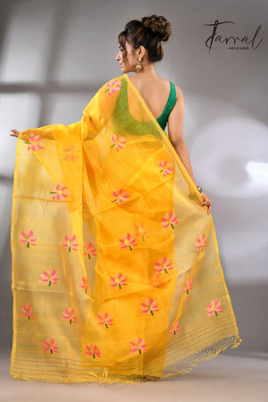 Golden Yellow with multi colour lotus motifs handwoven jamadani silk saree - Tamal Boutique