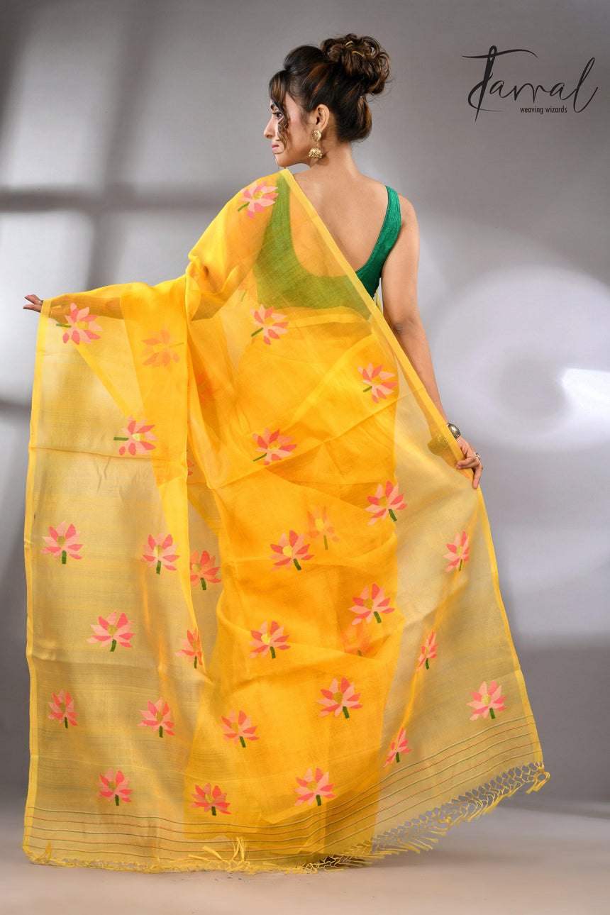 Golden Yellow with multi colour lotus motifs handwoven jamadani silk saree - Tamal Boutique