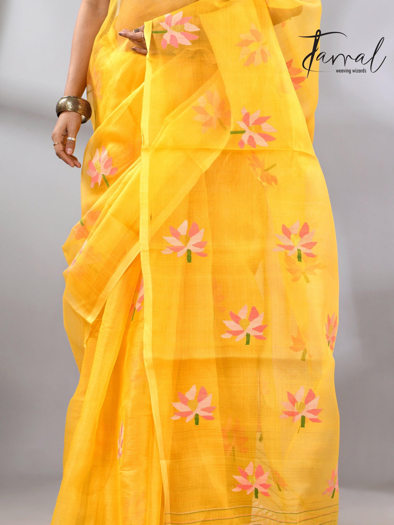 Golden Yellow with multi colour lotus motifs handwoven jamadani silk saree - Tamal Boutique