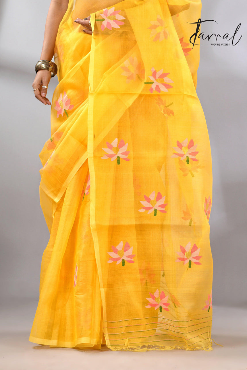 Golden Yellow with multi colour lotus motifs handwoven jamadani silk saree - Tamal Boutique