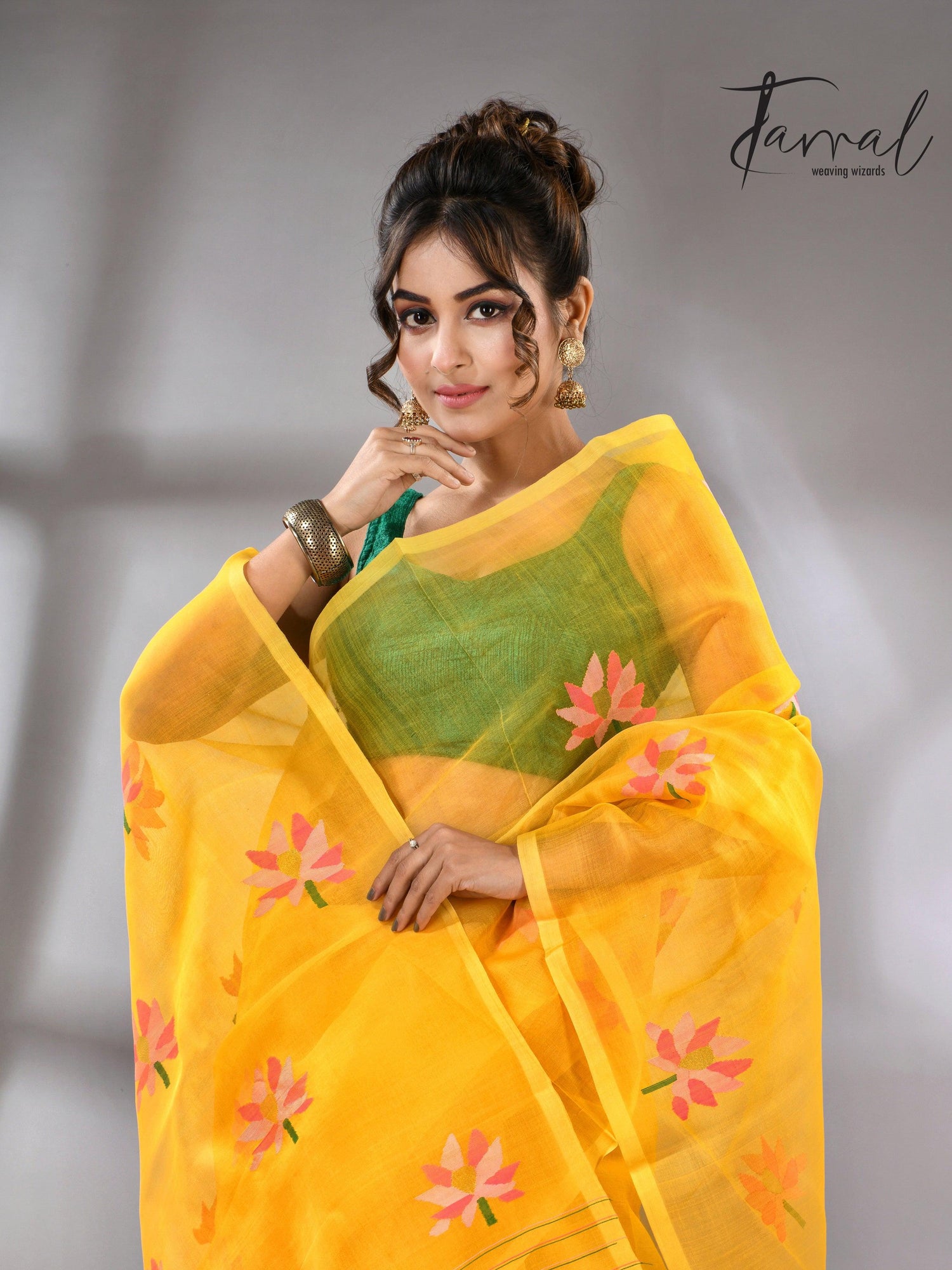 Golden Yellow with multi colour lotus motifs handwoven jamadani silk saree - Tamal Boutique