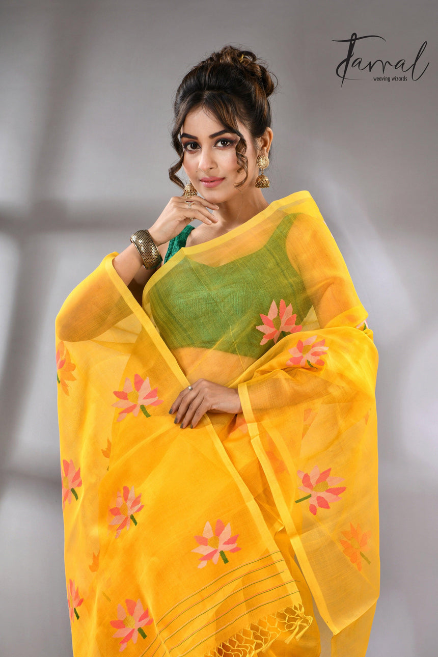 Golden Yellow with multi colour lotus motifs handwoven jamadani silk saree - Tamal Boutique