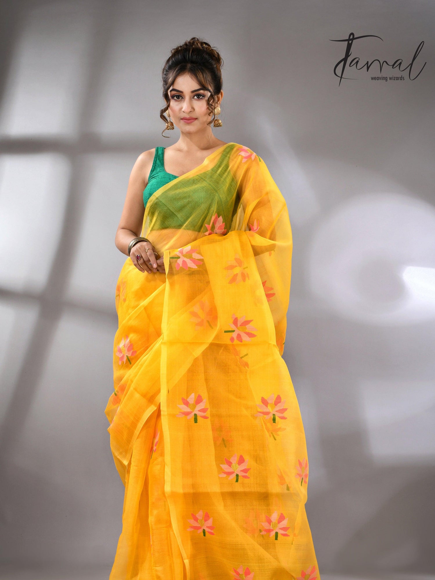 Golden Yellow with multi colour lotus motifs handwoven jamadani silk saree - Tamal Boutique